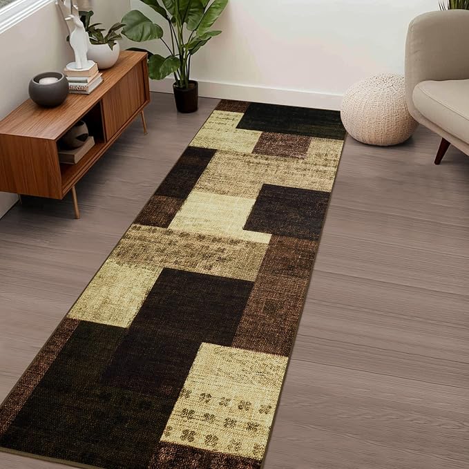 Modern Geometric Patchwork Indoor Runner Rug for Living Room, Warm Taupe 2.7'x 8' Rug Rockwood Collection Hardwood Floors Decor for Bedroom, Taupe Throw Carpet for Office Entryway Dining Room