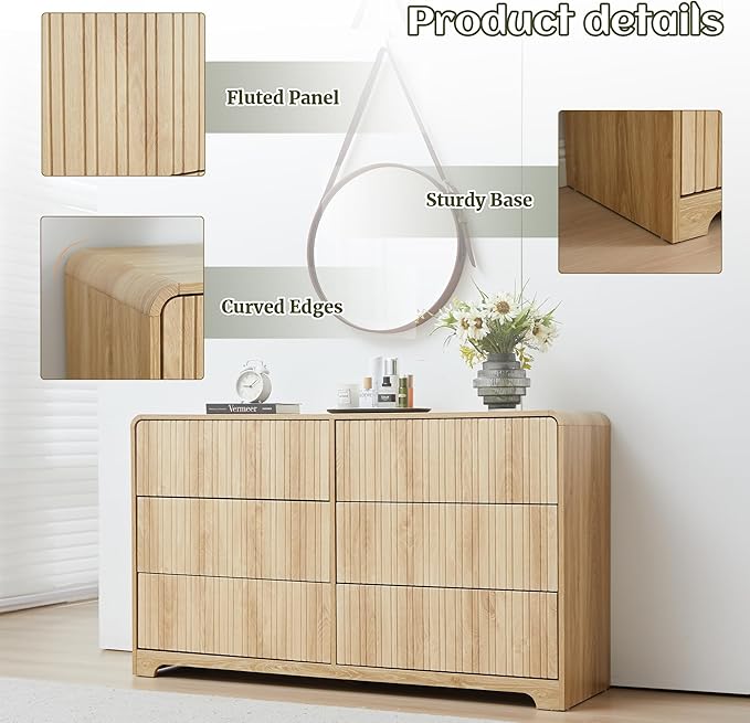 Fluted 6 Drawers Dresser for Bedroom, 53" Wide Mid Century Modern Chest of Drawer with Curved Profile Design, Large Double Wood Dresser for Living Room
