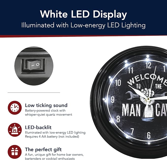 American Art Decor Welcome to The Man Cave LED Clock - 12" Wall Mounted Modern Mechanic Wall Decor - Wall Clock for Living Room, Dorm, Mancave, Garage, Office, Game Room (Black/White)