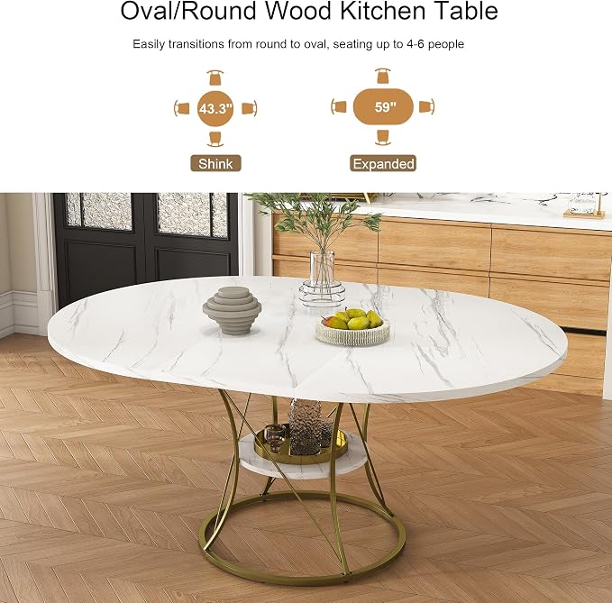 43"-59" Extendable Round Dining Table for 4-6,Mid Century Modern White and Gold Table,Expandable Kitchen Table with Storage Shelf for Small Spaces