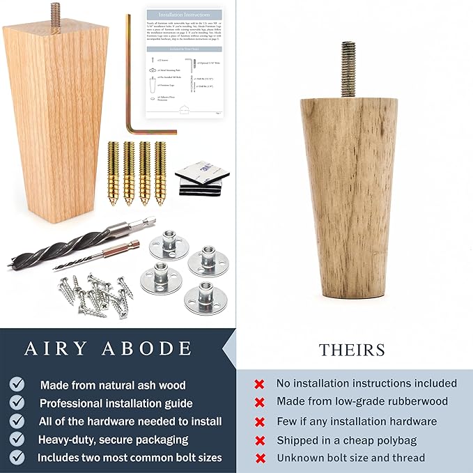 Airy Abode Premium Ash Wood Square Furniture Legs (Full Install Kit) - Pick Your Size and Color
