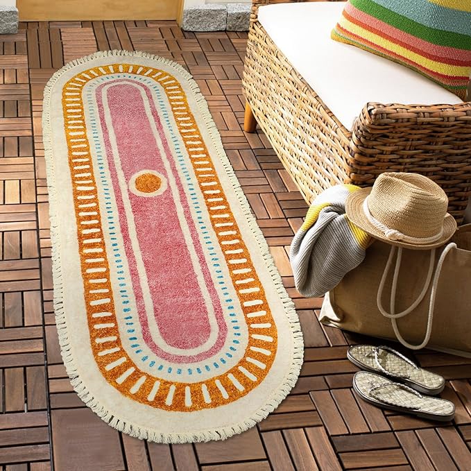 Lukinbox Boho Bathroom Runner Rugs with Fringes, 2x6 Oval Sun Washable Hallway Runner Rug, Extra Long Soft Non-Slip Rainbow Area Rug for Kitchen Laundry Room Entryway