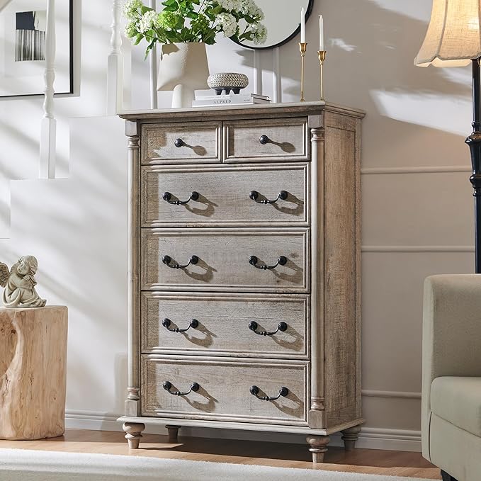 T4TREAM Farmhouse 6 Drawers Dresser Chests for Bedroom w/4 Solid Wood Feet & Column Decor, Tall Wood Country Rustic Chest of Drawers, Storage Dressers for Bedroom, Living Room, Light Rustic Oak