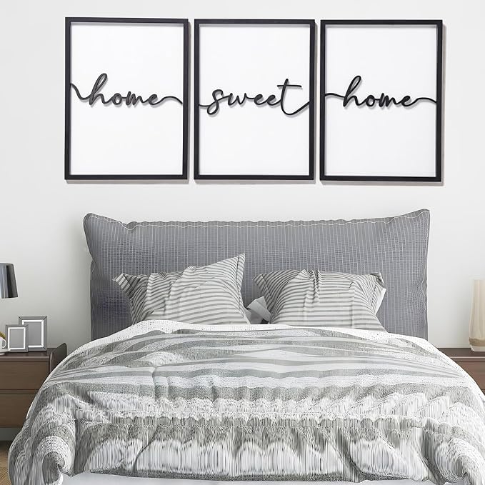 3D Wood Home Sweet Home Wall Art, Modern Home Sweet Home Sign for Large Living Room Wall Decor(Ready to Hang, Set of 3, 12x16 Inch, Framed)