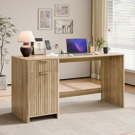 60" Fluted Home Office Desks with Storage, Modern Executive Desk Computer Desk with Drawer & Cabinet, Wood Work Desk for Office, Bedroom, Study, Living Room, Oak