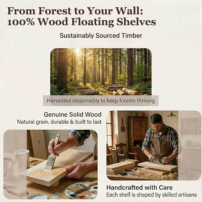 SAUMONIERES Floating Shelves Wall Shelf Solid Wood for Bathroom Bedroom Kitchen Set of 3, Black Wall Shelves