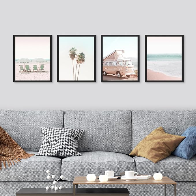 SIGNWIN Framed Collage Print Gallery Set 1980s Retro Miami Wall Art, Set of 4 Beach Landscape Wall Decor Prints, Nature Wilderness Wall Décor for Living Room, Bedroom - 11"x14" Black