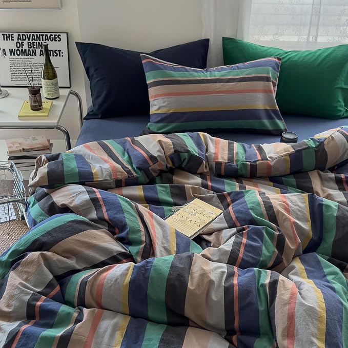 mixinni Blue Striped Duvet Cover Twin Size 100% Washed Cotton 3 Pcs Vintage Striped Bedding Set Soft Breathable Comforter Cover Set for Boys Girls Bedroom