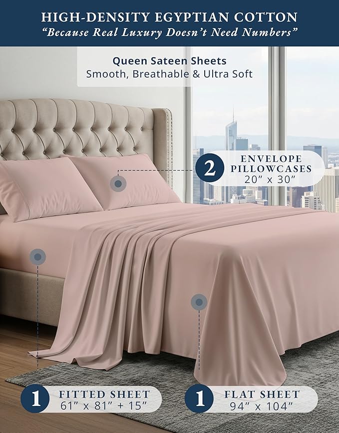 100% Egyptian Cotton Sheets Queen Size - Naturally Cooling & Breathable 4 Piece Silky Sateen Weave Queen Sheet Set, Ultra-Soft & Durable Hotel Luxury Sheets with 15" Snug Fit Deep Pockets - Sepia Rose