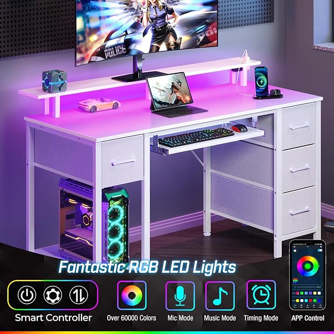 Seventable Computer Desk 55.1" with LED Lights & Power Outlets, Home Office Desk with 4 Drawers, Writing Desk with Keyboard Tray, Study Table with Monitor Stand, Work for Home Office, White