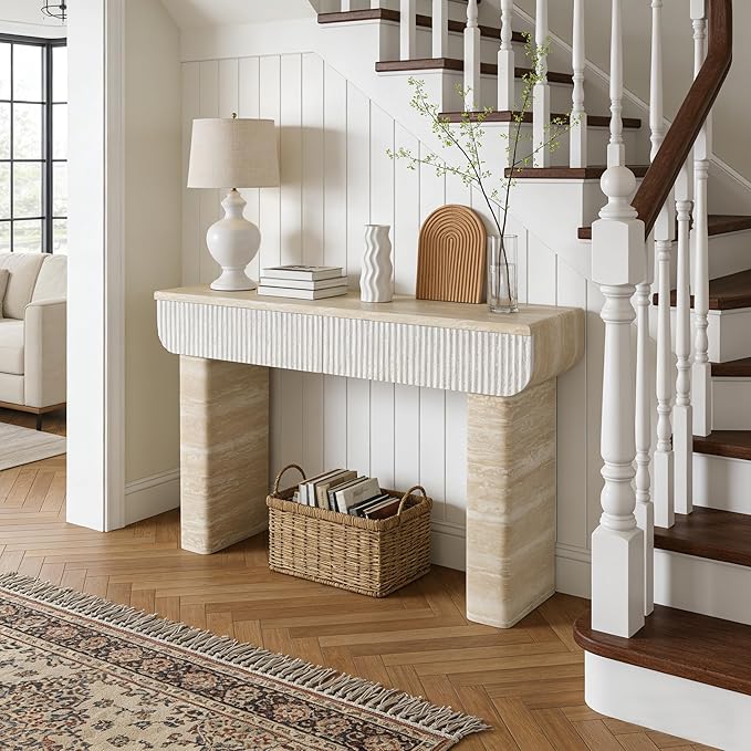 Faux Mars Marble Pattern Console Table with 2 Drawers, 47.2" Skinny Long Sofa Table Behind Couch with Rounded Edges, Wooden Narrow Sofa Table Hall Table for Living Room Foyer Entrance, Marble