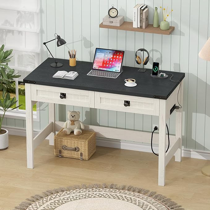 YOMILUVE Farmhouse Computer Desk with 2 Drawers, 39 Inch Small Office Computer Desk with Power Outlets, Compact Writing Study Vanity Desk for Small Spaces, Black and White