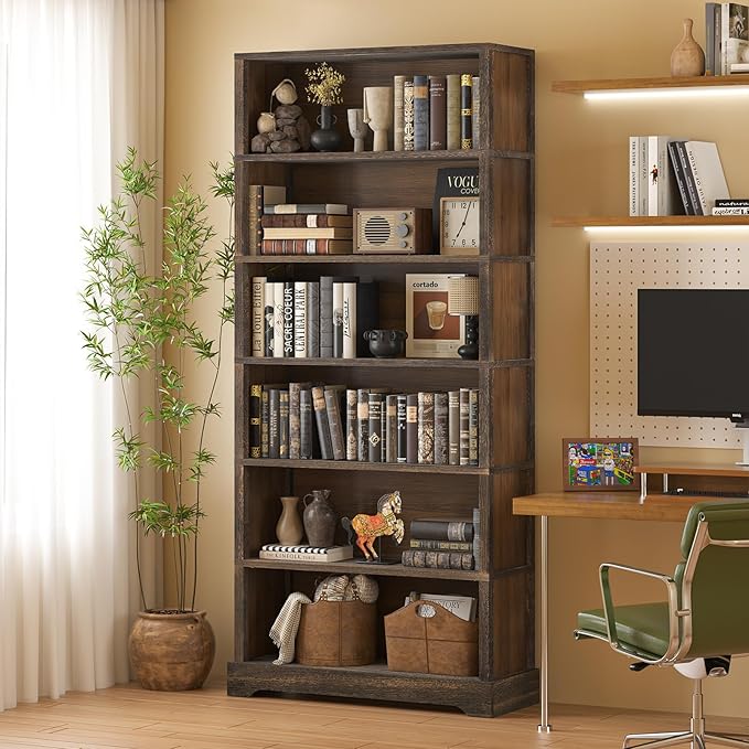TVU 6-Tier Wooden Book Shelf, Floor-Standing Display Bookcase, 77.2" H x 31.5" W x 11" D Bookshelf, Farmhouse Style Book Case with Arched Base, Suitable for Living Room, Study, Office, Walnut