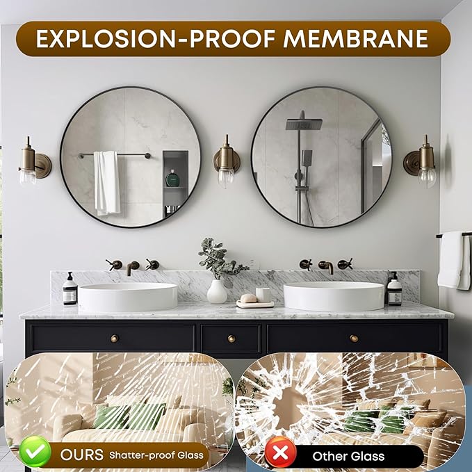 Round Mirror, Wall Mounted Circle Mirror with Brushed Metal Frame, Circular Mirrors for for Bathroom, Living Room, Vanity, Bedroom, Entryway, 20inch, Black