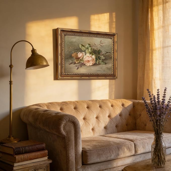 Vintage Gold Framed Flower Still Life Wall Art Retro Rose and Wildflower Wall Decor Pink Floral Print artwork Farmhouse Country Flower painting Picture for Gallery Kitchen Living Room Bedroom 16X24in