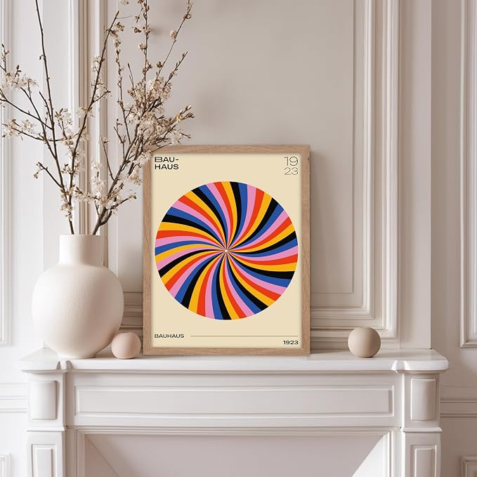 Poster Master Bauhaus Poster - Spiral Colors Print - Geometric ART - Abstract ART - Psychedelic Style - Chic Boho - Mid Century Modern - Living Room or Bedroom Decor - 11x14 Beige Framed