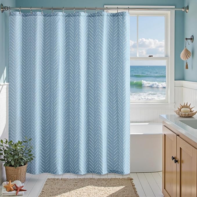 jinchan Extra Long Blue Shower Curtain with White Herringbone Striped Zig Zag Chevron Waterproof Fabric Modern Farmhouse Shower Curtains for Bathroom with 12 Hooks 70x84 Inches