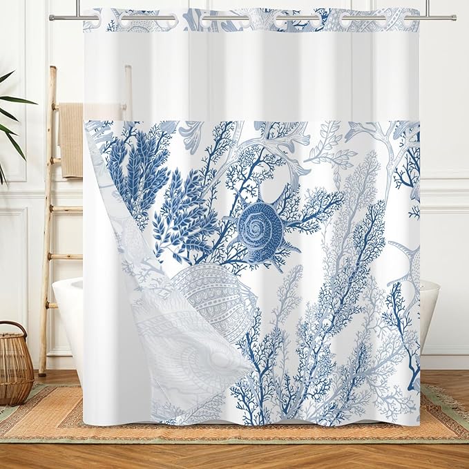 No Hook Shower Curtain with Snap in Fabric Liner Set Nautical Coastal Seashell Coral Beach Ocean Shower Curtains for Bathroom Waterproof Polyester No Hook Home Decorations 71x74in