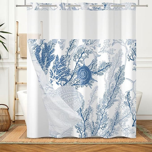 No Hook Shower Curtain with Snap in Fabric Liner Set Nautical Coastal Seashell Coral Beach Ocean Shower Curtains for Bathroom Waterproof Polyester No Hook Home Decorations 71x74in
