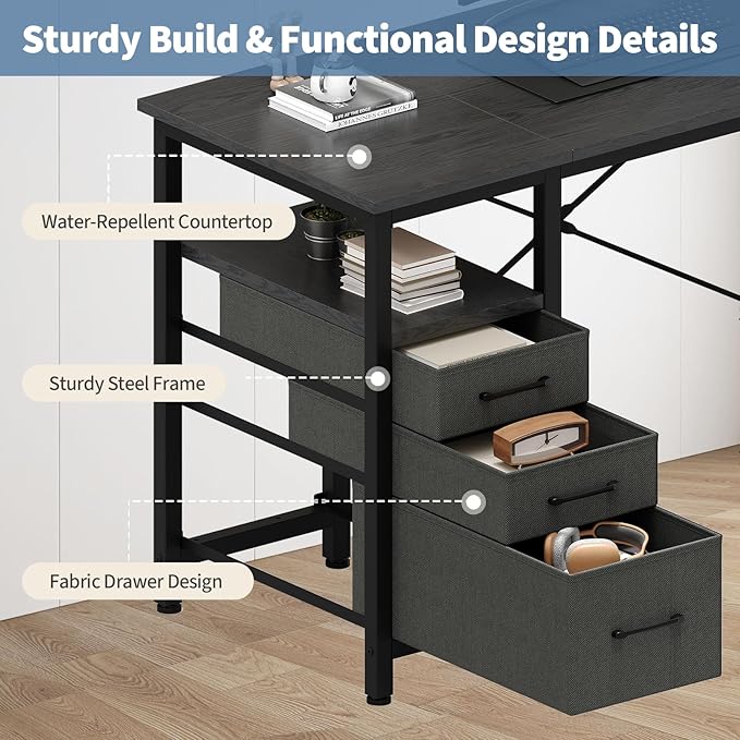 DUMOS 39" Computer Desk with Storage, Small Home Office Desk with 3 Fabric Drawers & Side Pocket, Space Saving Writing Desk for Apartment, Dorm, Gaming Workstation, Black
