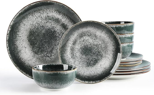 Sweejar Dinnerware Sets Service for 4,12 pcs Porcelain Plates and Bowls for Kitchen, Housewaring Gift,Chip and Scratch Resistant Dish Set,Handmade Dishwasher and Microwave Safe Plate Set,Dark Green