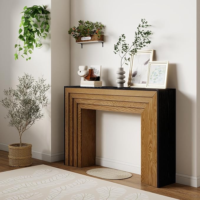 Wood Console Table, 47" Retro Long Sofa Table Behind Couch with Split-Level Design, Wooden Narrow Sofa Table Hall Table for Living Room Foyer Entrance Entryway, Black+Natural