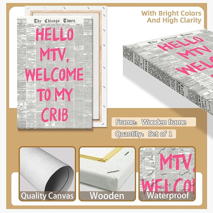 Retro Hello Mtv Welcome To My Crib Posters Pink Font Newspaper Canvas Wall Art Positive Affirming 70'S Room Aesthetic Prints Painting For Home Bedroom Dorm Wall Decor 16x24in Wframed