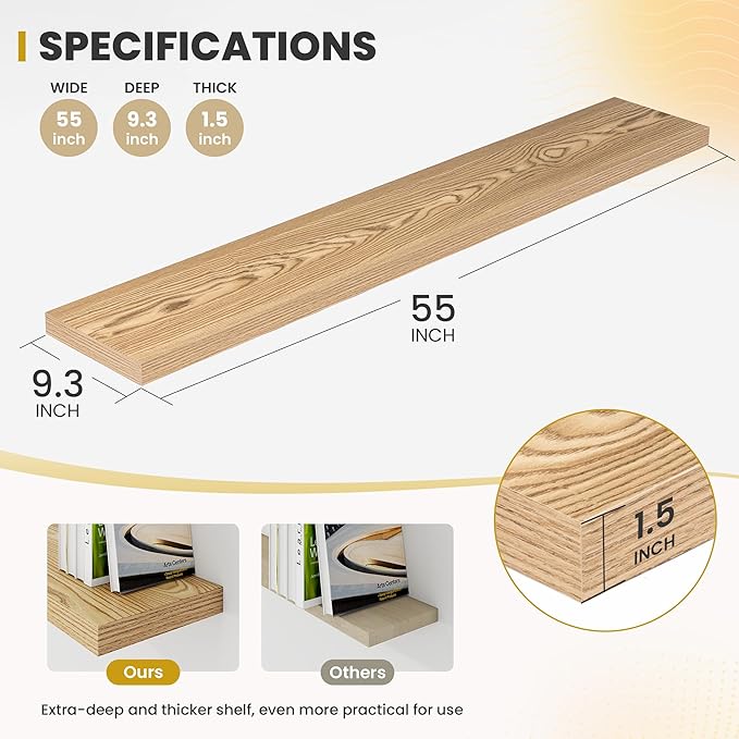 55 Inch Floating Shelves, 9.3" Deep Floating Shelf Wall Mounted, 56" Wall Shelves, Rustic Deep Bookshelf, Large Display Shelves & Storage Shelves for Bedroom, Living Room, Light Brown, Set of 2