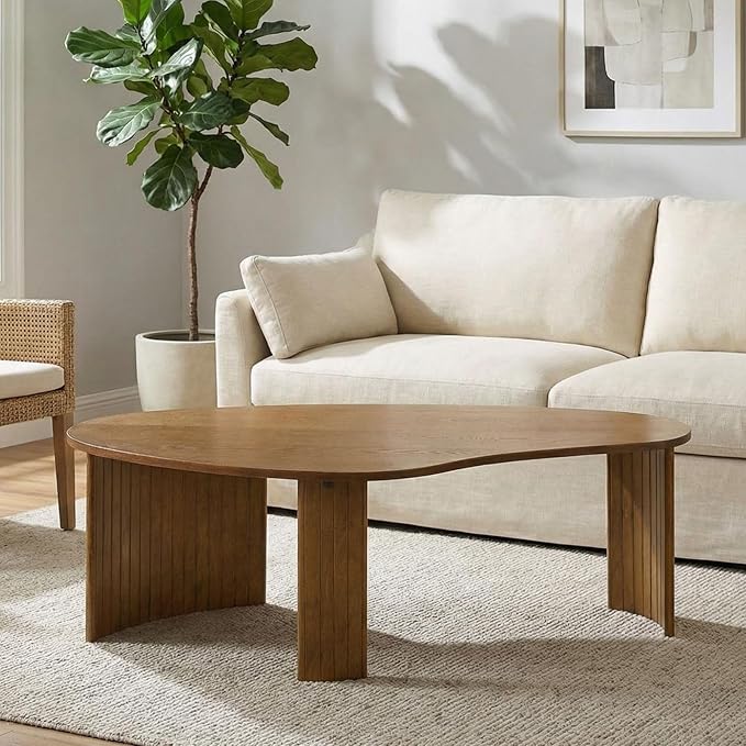 Mid Century Modern Walnut Coffee Table 47.25 Inch for Living Room, Sturdy Wood Center Table with Irregular Mango Top and Fluted Legs for Small Apartment