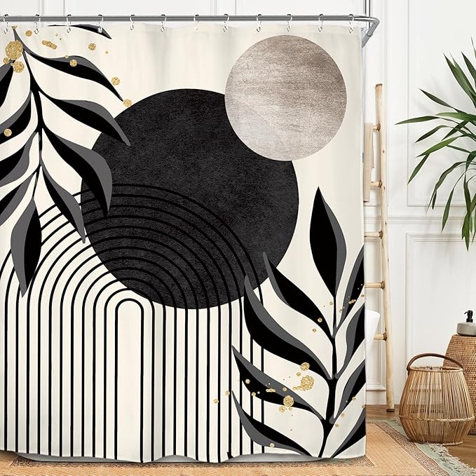 Miyotaa Abstract Minimalist Shower Curtain Set 60Wx71H Inches Modern Aesthetic Dark Gray Black Contemporary Plant Leaves Neutral Geometric Waterproof Bathroom Curtain with 12 Hooks