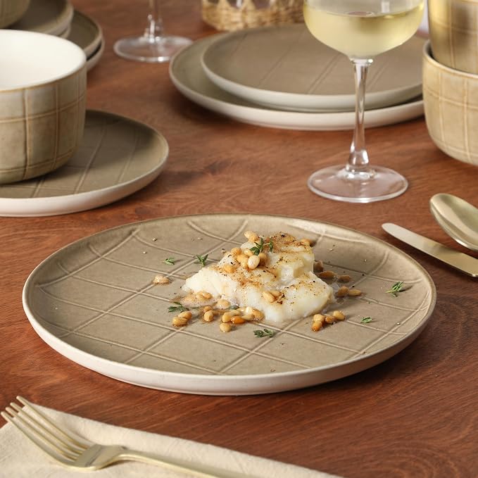 Gisbon Elite Butterwick 12 Piece Plates and Bowls Stoneware Dinnerware Set - Brown Blush Pink Reactive Glaze Patterned Dishes - Microwave and Dishwasher Safe