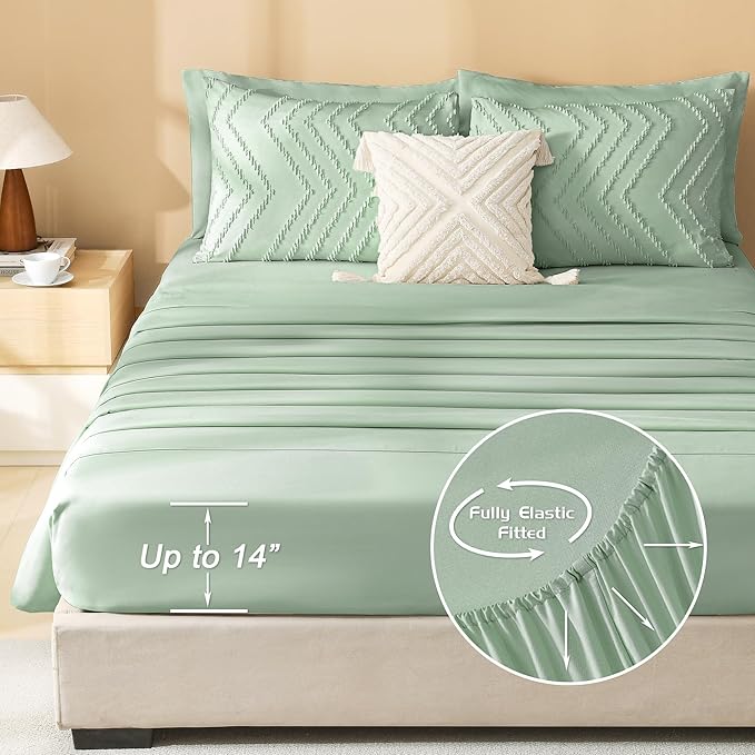 Litanika Sage Green Queen Size Comforter Set with Sheets - 7 Pieces Bed in a Bag Queen Boho Tufted Complete Bedding Sets with Comforter, Sheets, Pillowcases & Shams