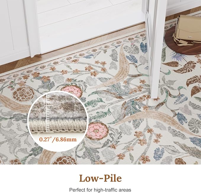 AMTOVO 5x7 Washable Area Rugs for Living Room, Vintage Boho Floral Distressed Print Non-Slip Carpet, Soft Colorful Accent Rug for Bedroom Dining Room Playroom Nursery Farmhouse Girls Room, Beige