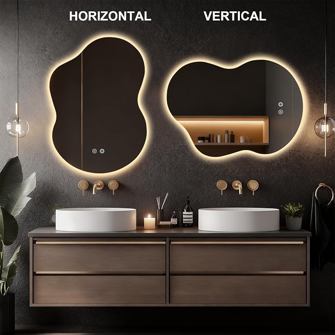 Asymmetrical Lighted Mirror for Bathroom,Modern LED Vanity Mirror with Backlit,Fog-Free,Tri-Color Dimmable Lighting with Memory Function,Hardwire Ready [Horizontal/Vertical] 35" H x 25" W