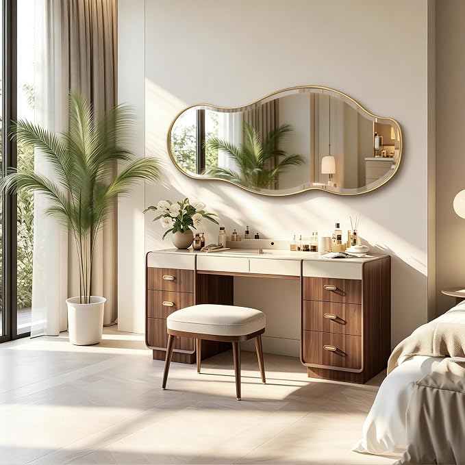 POZINO Large Irregular Beveled Mirror, 53"x24" Asymmetrical Wall Mirror with Gold Metal Frame, Organic Shape Mirrors for Entryway Hallway Living Room Bathroom Bedroom, Horizontal/Vertical Hanging