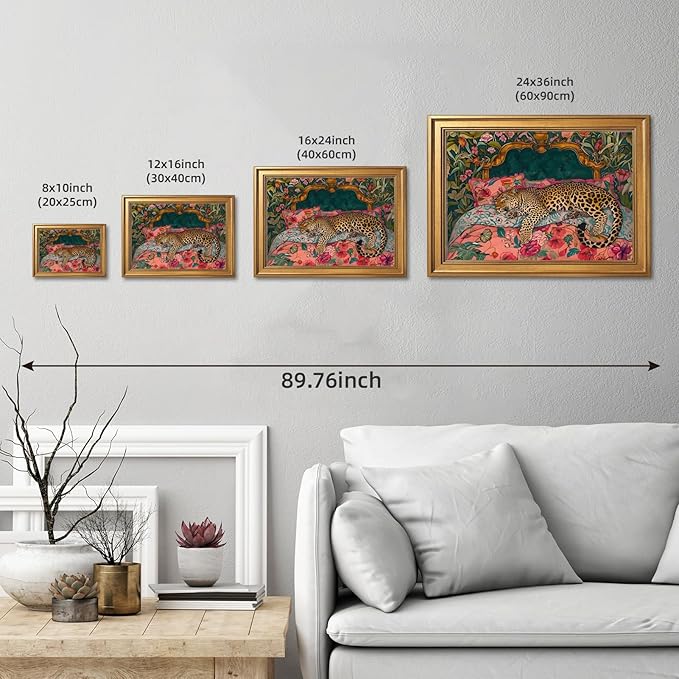 Gold Framed Sleeping Leopard Wall Art Luxury Jungle Colorful Cheetah Animal Poster Retro Maximalist Tropical Floral Pink Dopamine Canvas Print Aesthetic for Bedroom Home Decor 24x36inch