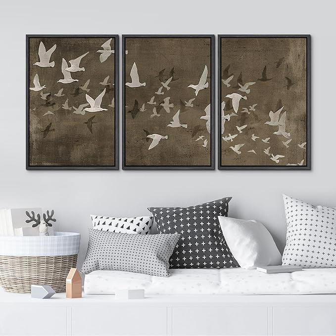 MUDECOR Framed Wall Art Print Set Flock of Abstract Birds in Flight Earthy Tones Illustrations Modern Art Boho Decorative Colorful Chic for Living Room, Bedroom, Office - 24"x36"x3 Black