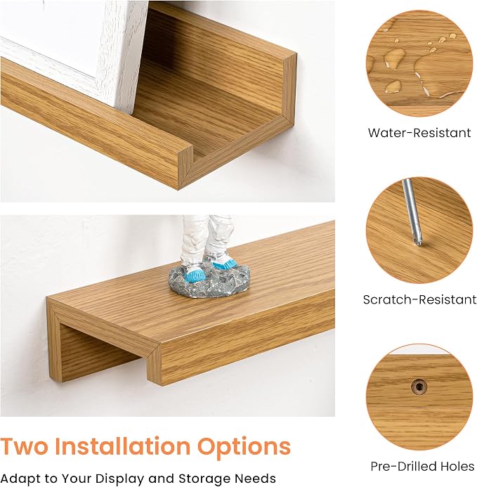 RICHFOCUS Picture Ledge Shelf, 55 inch Floating Shelves Set of 2, Wood Wall Shelves with Lip, Wall Decor Storage for Bedroom Living Room Bathroom Kitchen Nursery Photo Picture, Oak