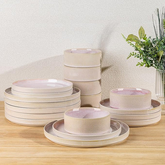 TheTerra Ceramic Dinnerware Sets for 6, 18 Pieces Porcelain Lightweight Speckled Plates and Bowls Sets, Scratch Resistant Dish Set, Oven & Microwave & Dishwasher Safe, Blush