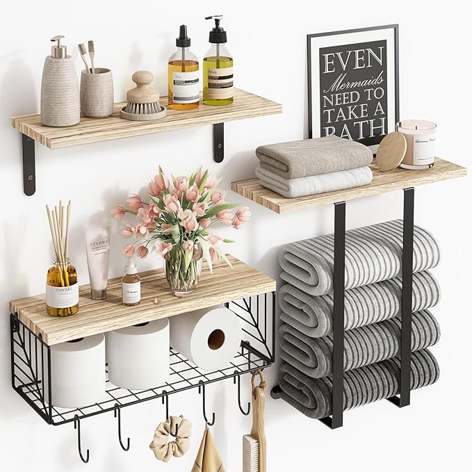 Fixwal Bathroom Floating Shelves Over Toilet Wall Shelves Set with Towel Storage Rack for Bathroom Organization & Wall Decor(Rustic Brown)
