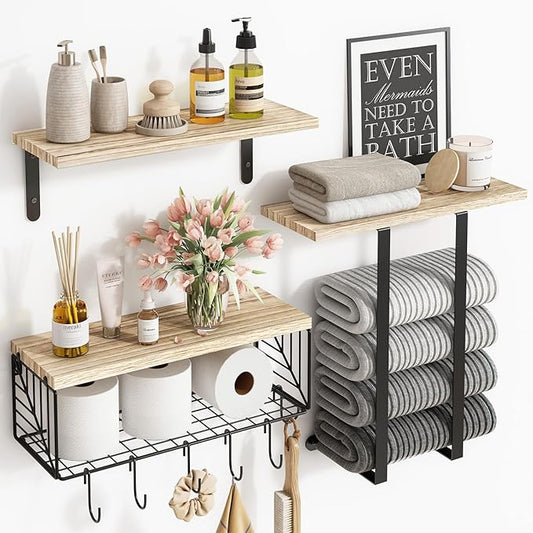 Fixwal Bathroom Floating Shelves Over Toilet Wall Shelves Set with Towel Storage Rack for Bathroom Organization & Wall Decor(Rustic Brown)