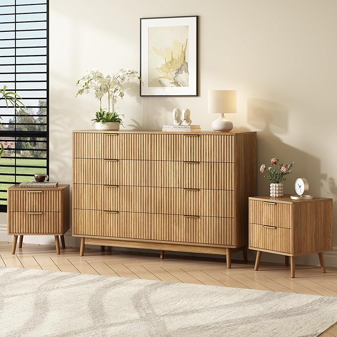 CARPETNAL Fluted Dresser and Nightstand Sets for Bedroom, 3 Pcs Bedroom Set, 8-Drawer Dresser & 2-Drawer Nightstand Set of 2, Modern Wood Chest of Drawers for Living Room, Entryway, Walnut