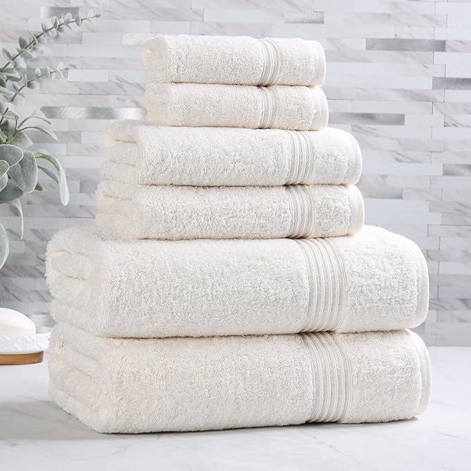 Superior Heritage Egyptian Cotton 6 Piece Towel Set, Heavyweight Towels for Bathroom, Guest Bath, Luxury Home Decor, Plush Absorbent Essentials, Includes 2 Bath, 2 Hand, 2 Face Towels, Ivory