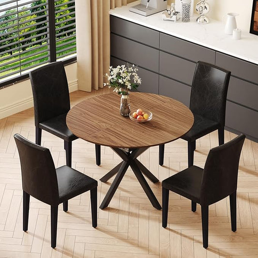Round Dining Table Set for 4, 43-59" Extendable Dining Room Table Set, Walnut Wood Grain Table and 4 Black PU Leather Upholstered Chairs Set, Mid Century Modern Kitchen Table Set with Cross Legs