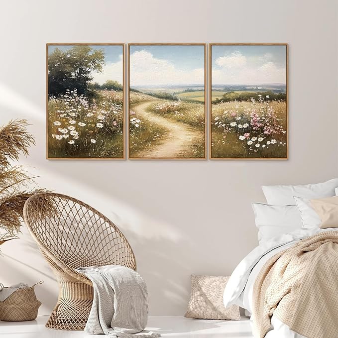 Rantodecor Rustic French Country Framed Canvas Wall Art, Vintage Flower Field Wall Decor, Calming Nature Landscape Art Paintings, Modern Wildflower Artwork for Farmhouse Bedroom Living Room 16"x24"x3