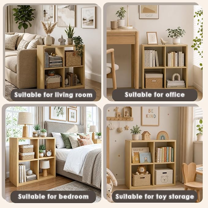 Endearing Limons【2026 Wooden Thick Border】 4 Cube Shelf Storage Organizer with Anti-Tipping Kits + Reversible Open Back Bookcase (11 * 11 Unit Cell Oak)