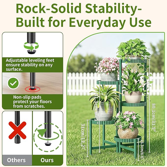 5 Tier Large Plant Stand Indoor, 7.9 Inch Wide Corner Tall Metal Plant Stands Outdoor for Multiple Plants, Folding Tiered Flower Display Holder Rack Shelf -GreenFloroma