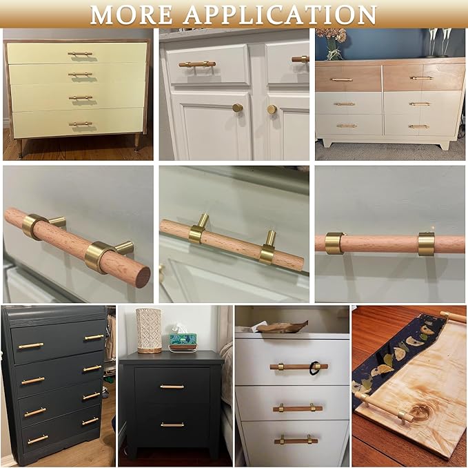 Natural Wood Kitchen Cabinet Handles 2~5 Inch 4Set Center to Center Adjustable Double Hole Euro Scandi-Modern Dresser Knob, Unfinished DIY Drawer Pull, Brushed Brass Base