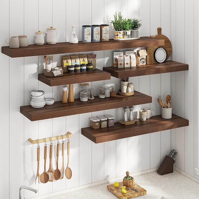 Marsmiles 12" Deep Floating Shelves for Wall with Invisible Brackets, Wall Mounted Engineered Wood Shelves with Wood Grain for Living Room, Bedroom, Kitchen Decor and Storage, 24" L Set of 2, Walnut