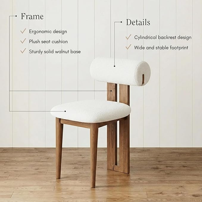 Upholstered Kitchen & Dining Room Table Chairs Set of 2, Solid Wood Walnut Mid Century Dining Chairs with Boucle Upholstery, Cylindrical Backrest for Vanity, Living Room, Office, White & Walnut